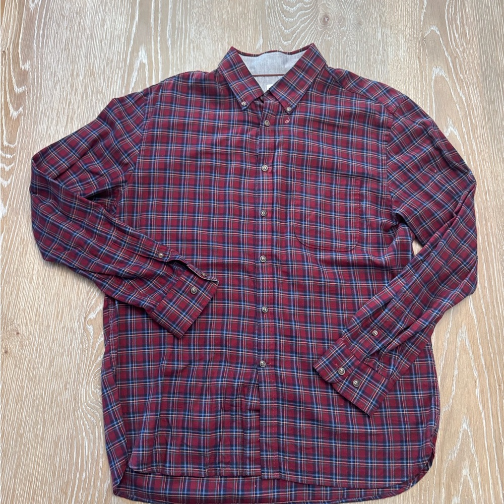 Men's 100% cotton Jos A Bank burgundy plaid button down business Shirt, large